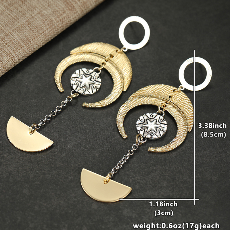 Two-Tone Plated Boho Crescent & Star Drop Earrings